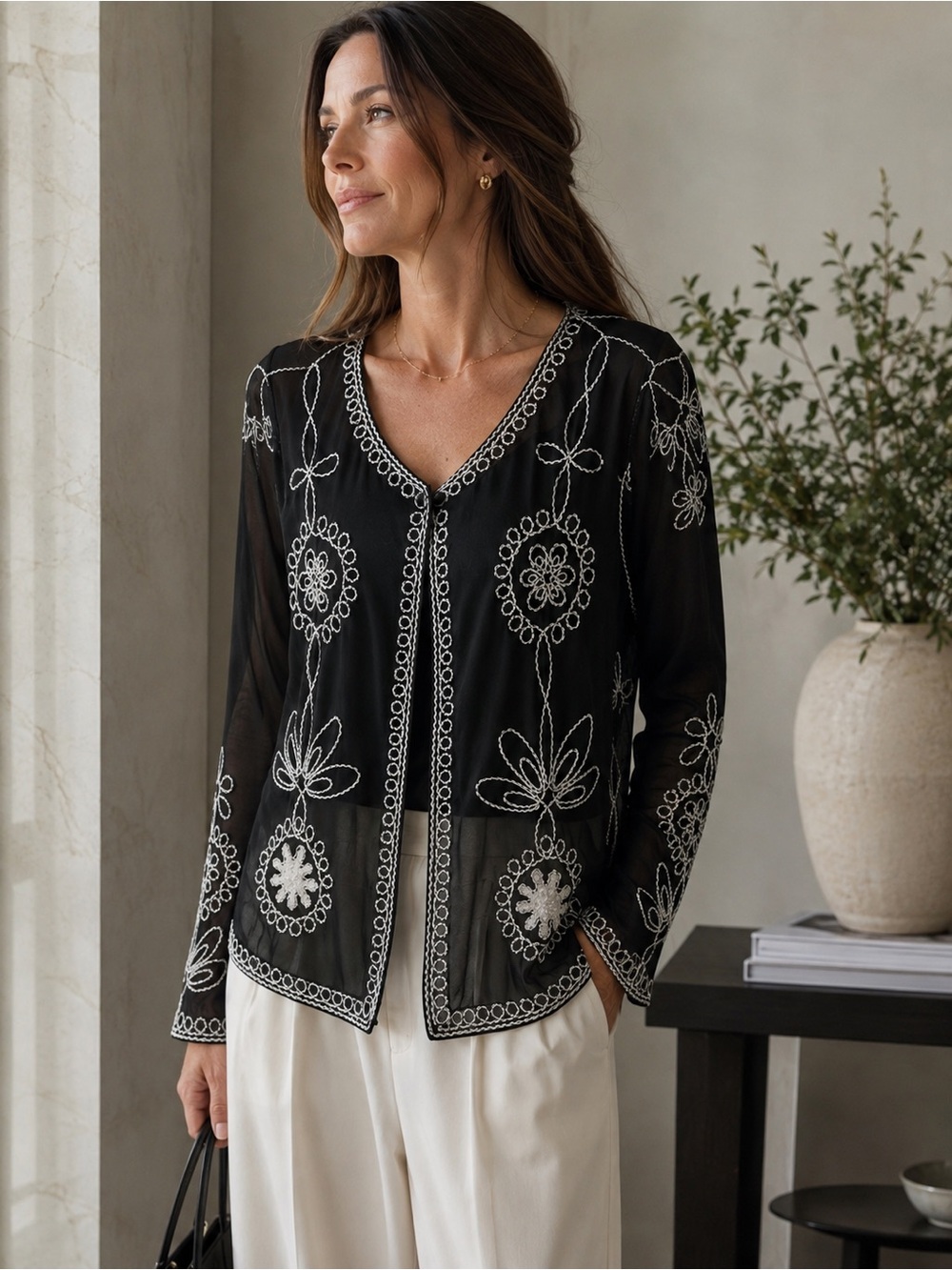 Lauren Michelle Dress XL Black Sheer Mesh Embroidered Floral Jacket Top